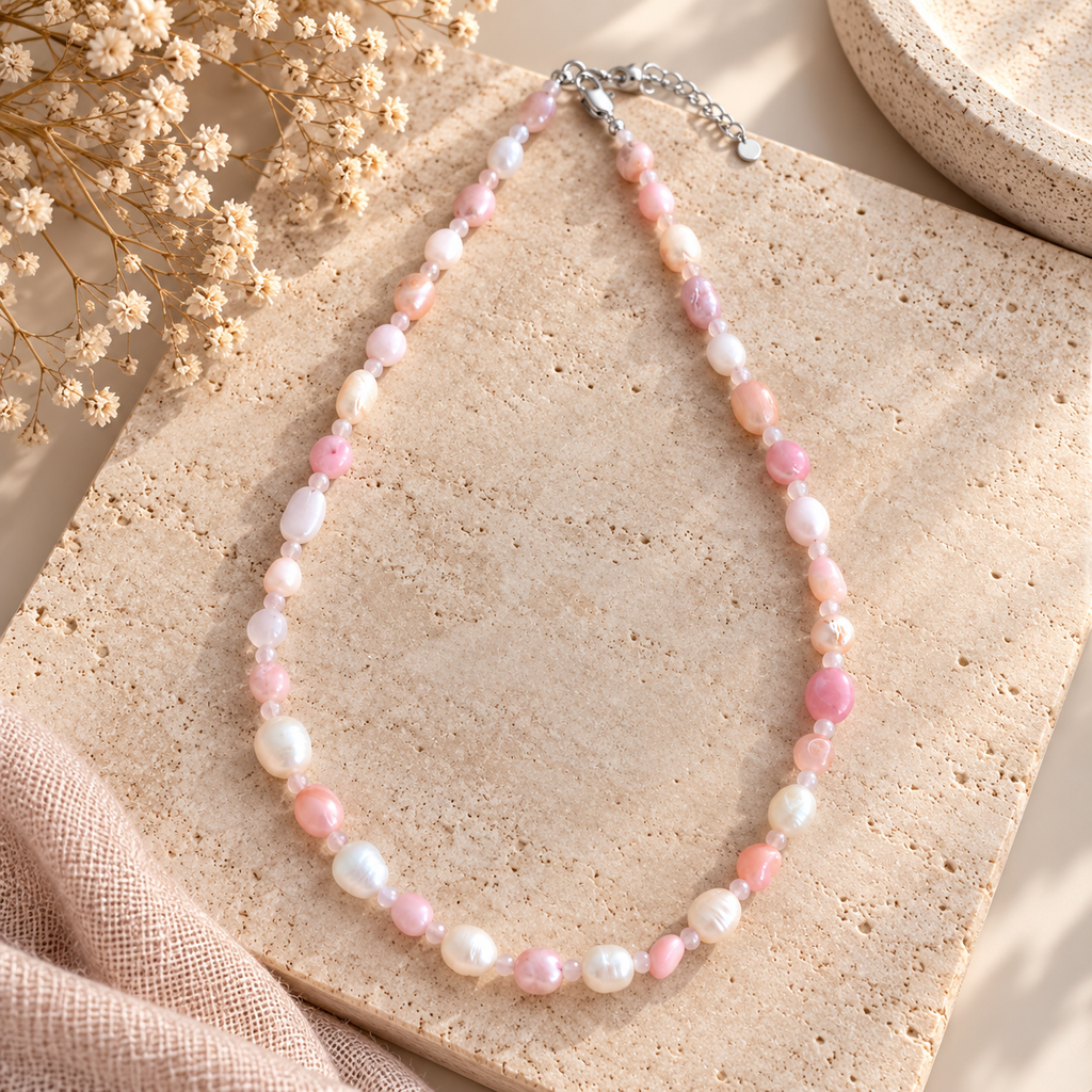 Pink Opal & Pearl Necklace