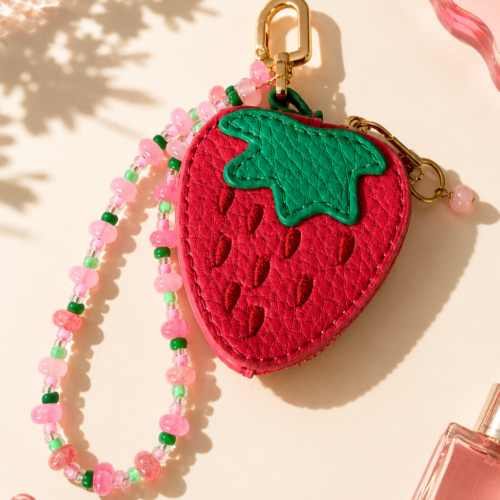 Strawberry Coin Purse Keyring | Cute Faux Leather Zip Pouch
