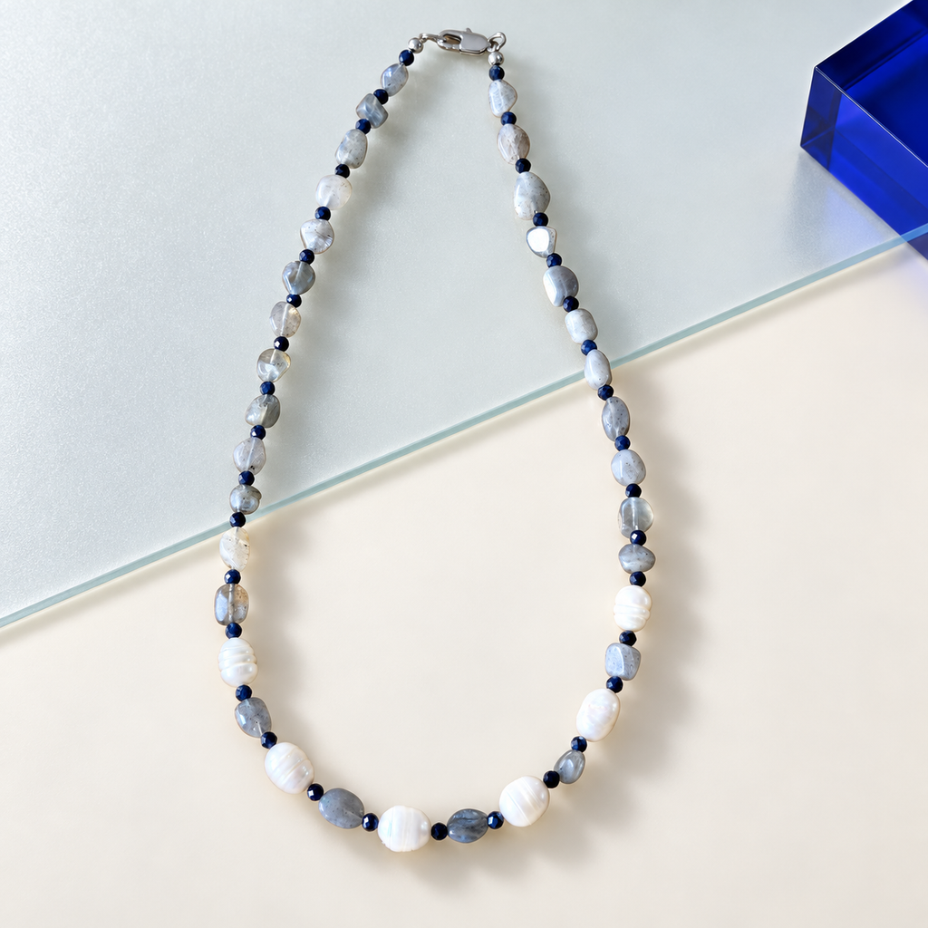Pearl, Labradorite & Sapphire Necklace