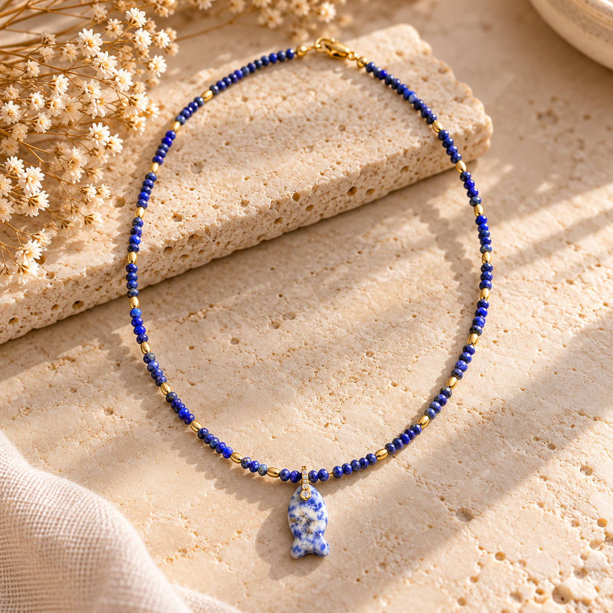 Lapis Lazuli Gemstone Necklace with Blue Fish Pendant