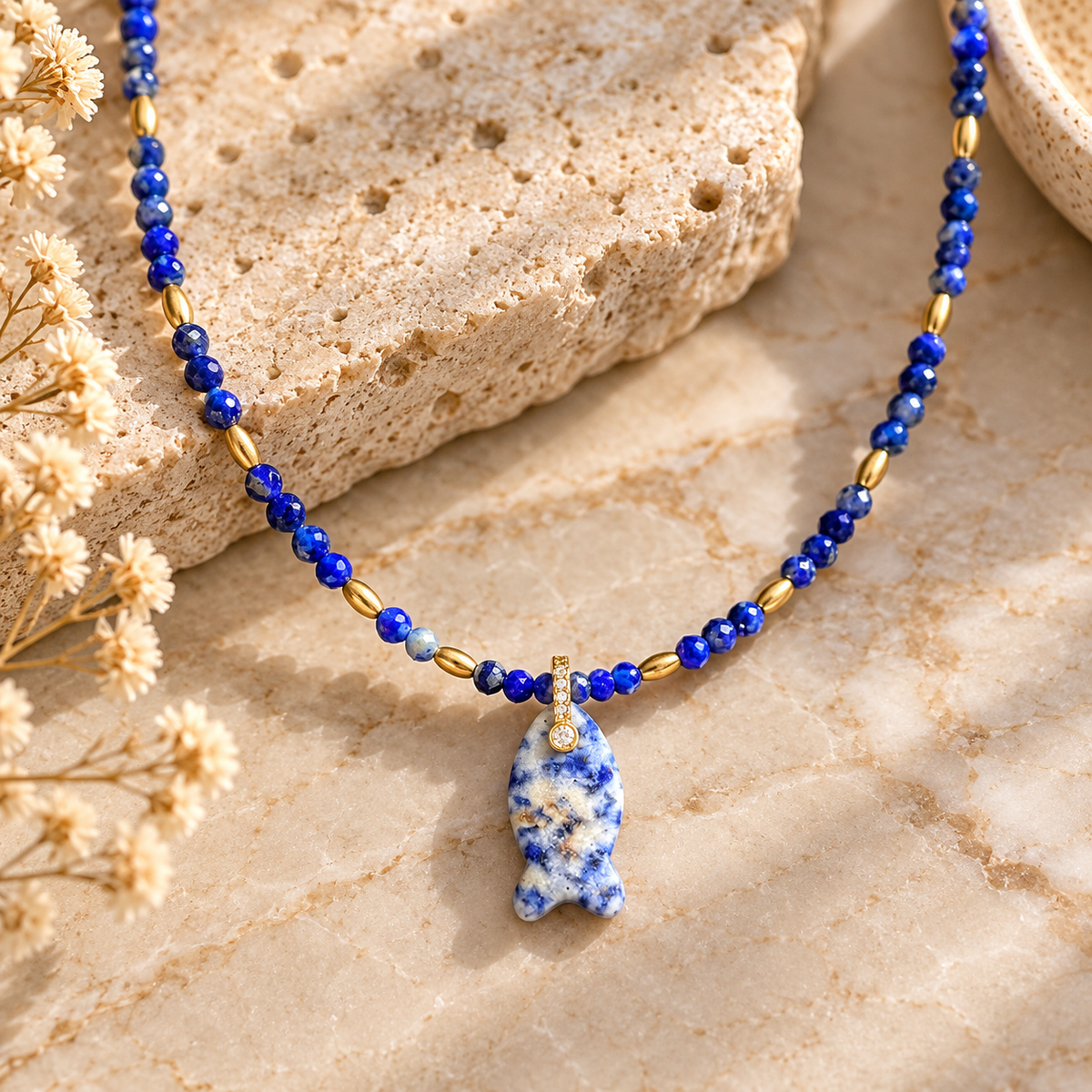 Lapis Lazuli Gemstone Necklace with Blue Fish Pendant