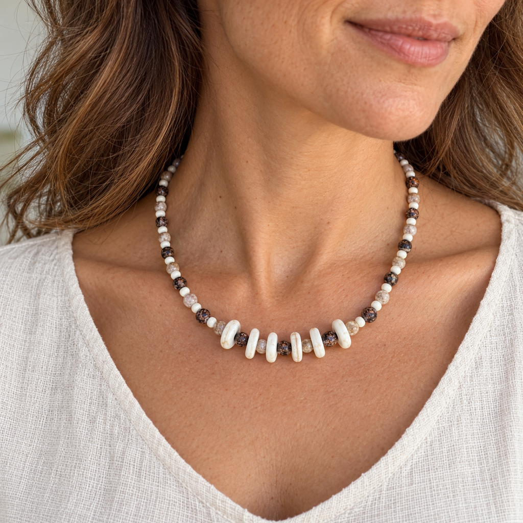Brown & Cream Natural Stone Beads Necklace