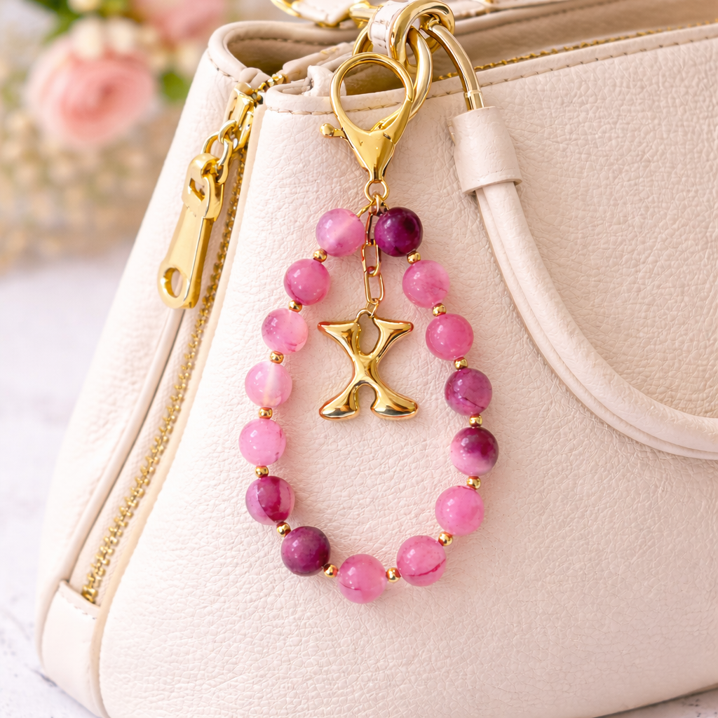 Pink Gemstone Beaded Initial Bag Charm