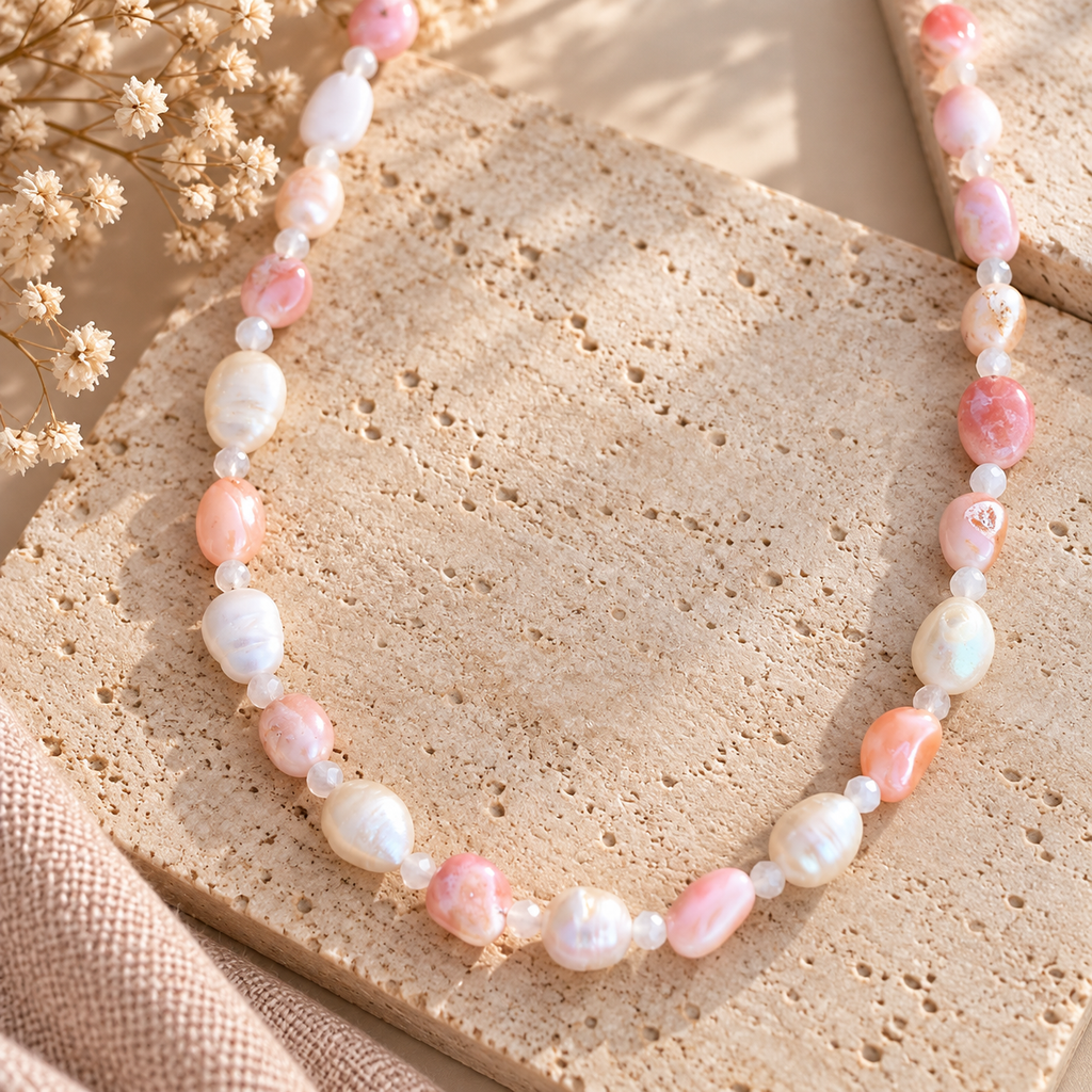 Pink Opal & Pearl Necklace