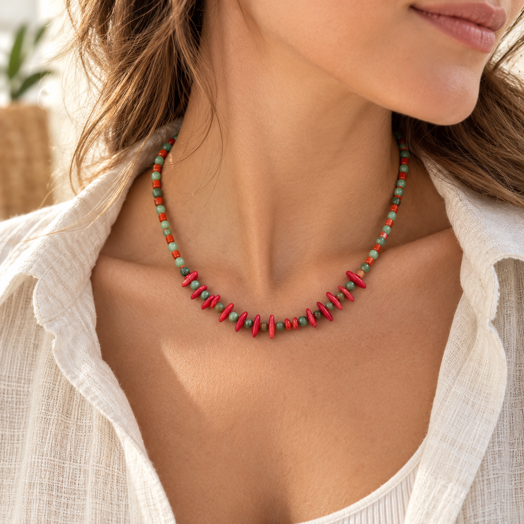 Handmade Green Gemstone & Red Coral Necklace