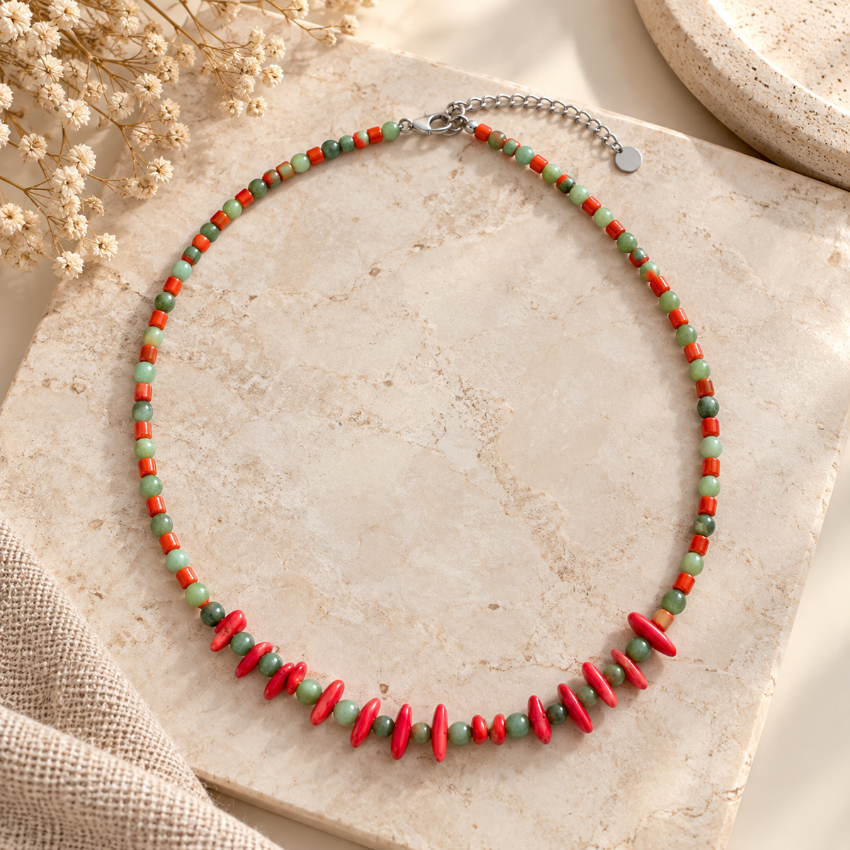 Handmade Green Gemstone & Red Coral Necklace