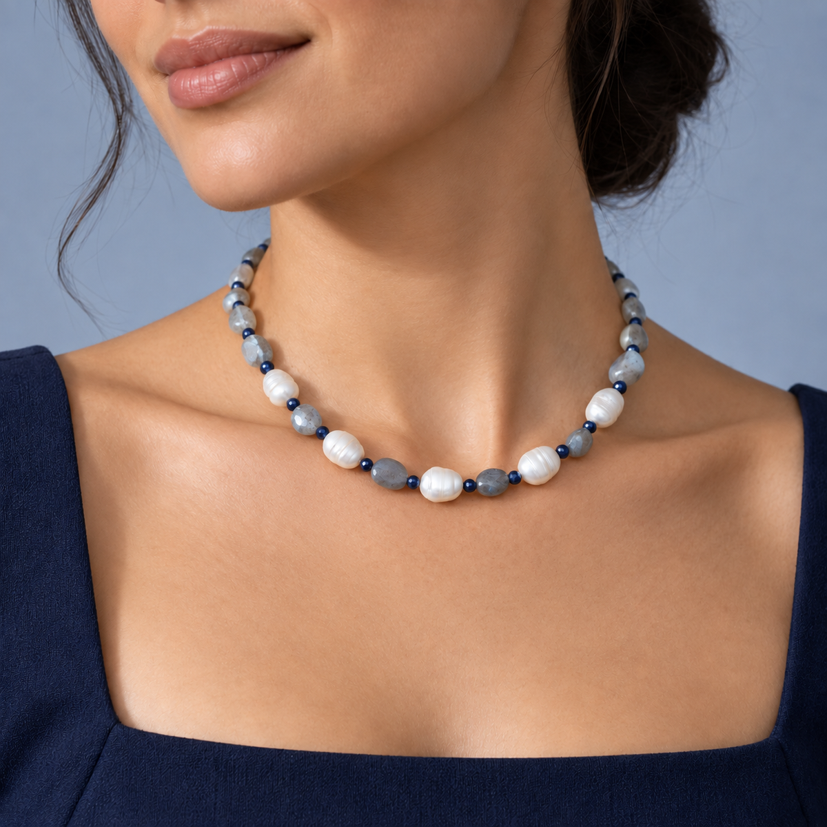 Pearl, Labradorite & Sapphire Necklace