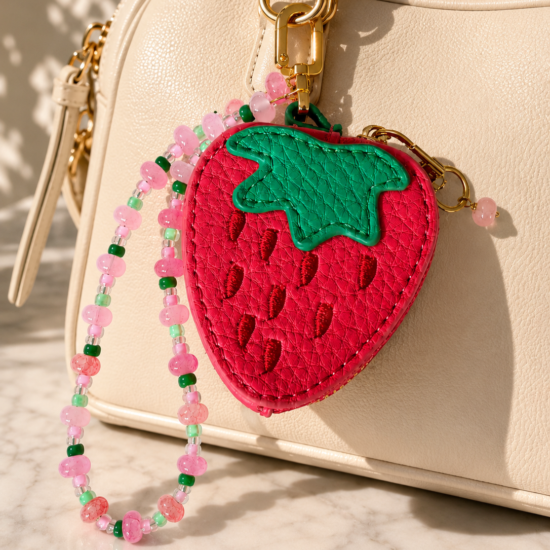 Strawberry Coin Purse Keyring | Cute Faux Leather Zip Pouch