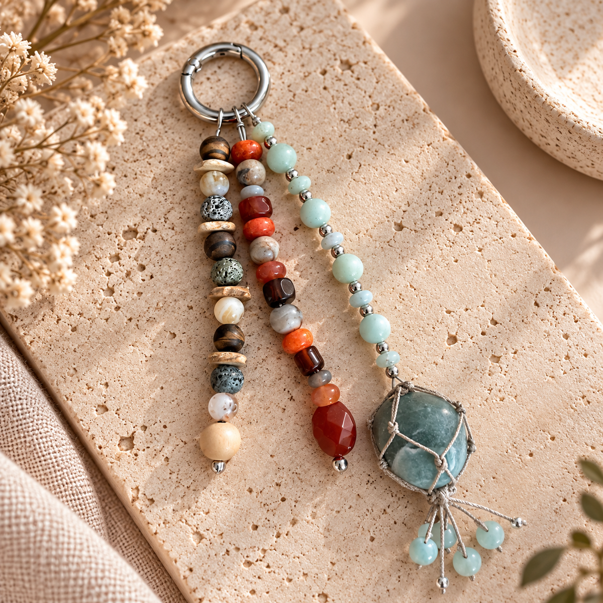 Gemstone Bag Charm – Beaded Keychain with Green Aventurine Macramé Tassel