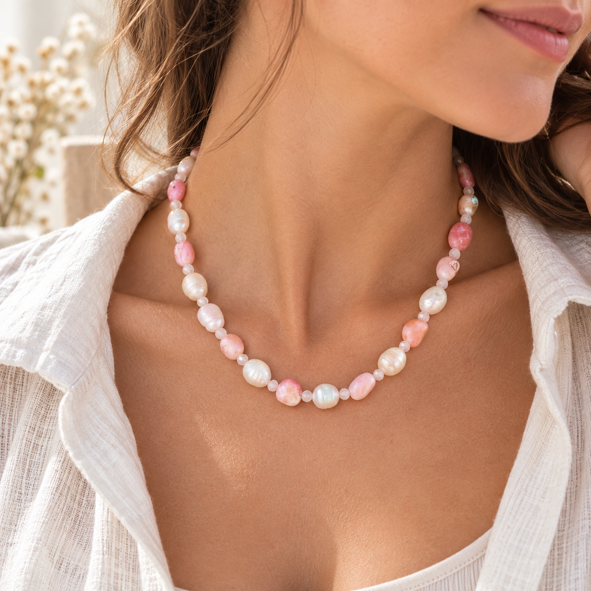 Pink Opal & Pearl Necklace