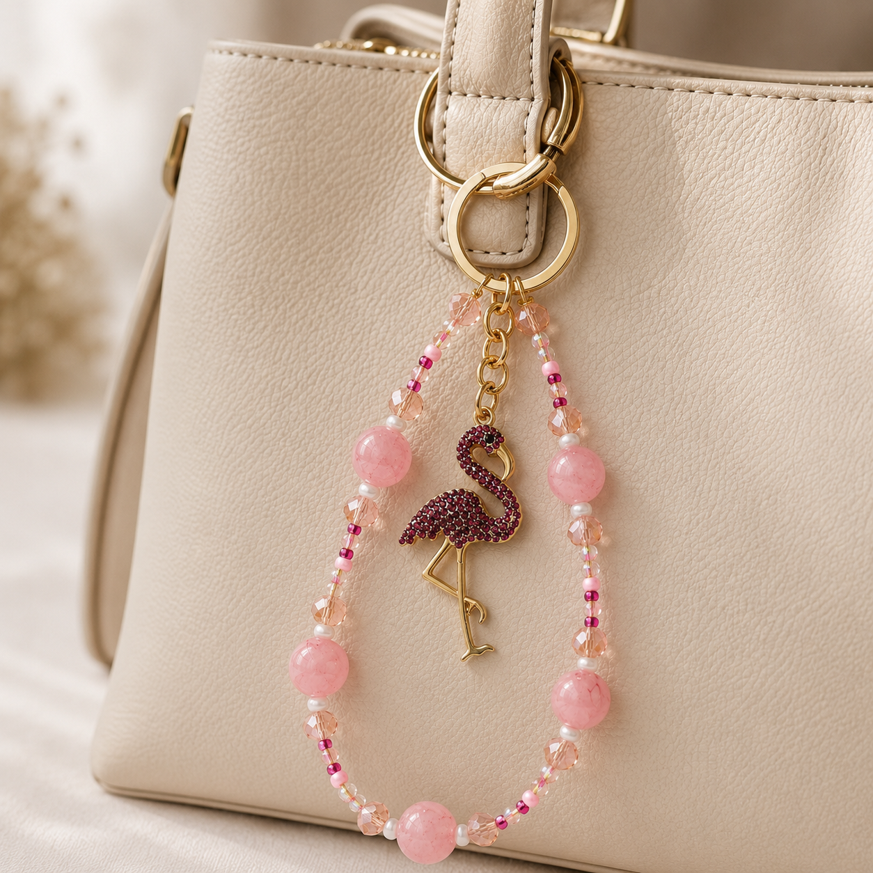 Green, Pink, Blue Flamingo Beaded Bag and Phone Charm