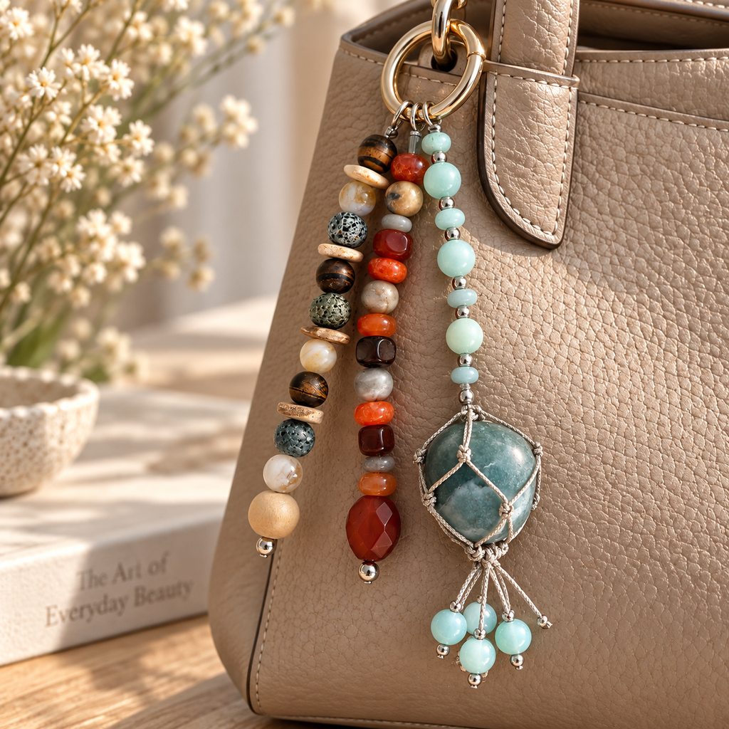 Gemstone Bag Charm – Beaded Keychain with Green Aventurine Macramé Tassel