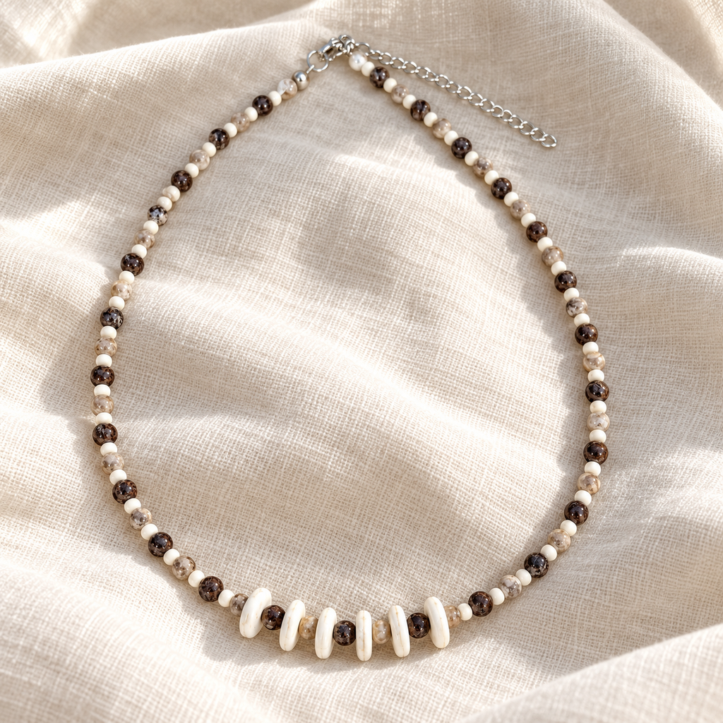 Brown & Cream Natural Stone Beads Necklace