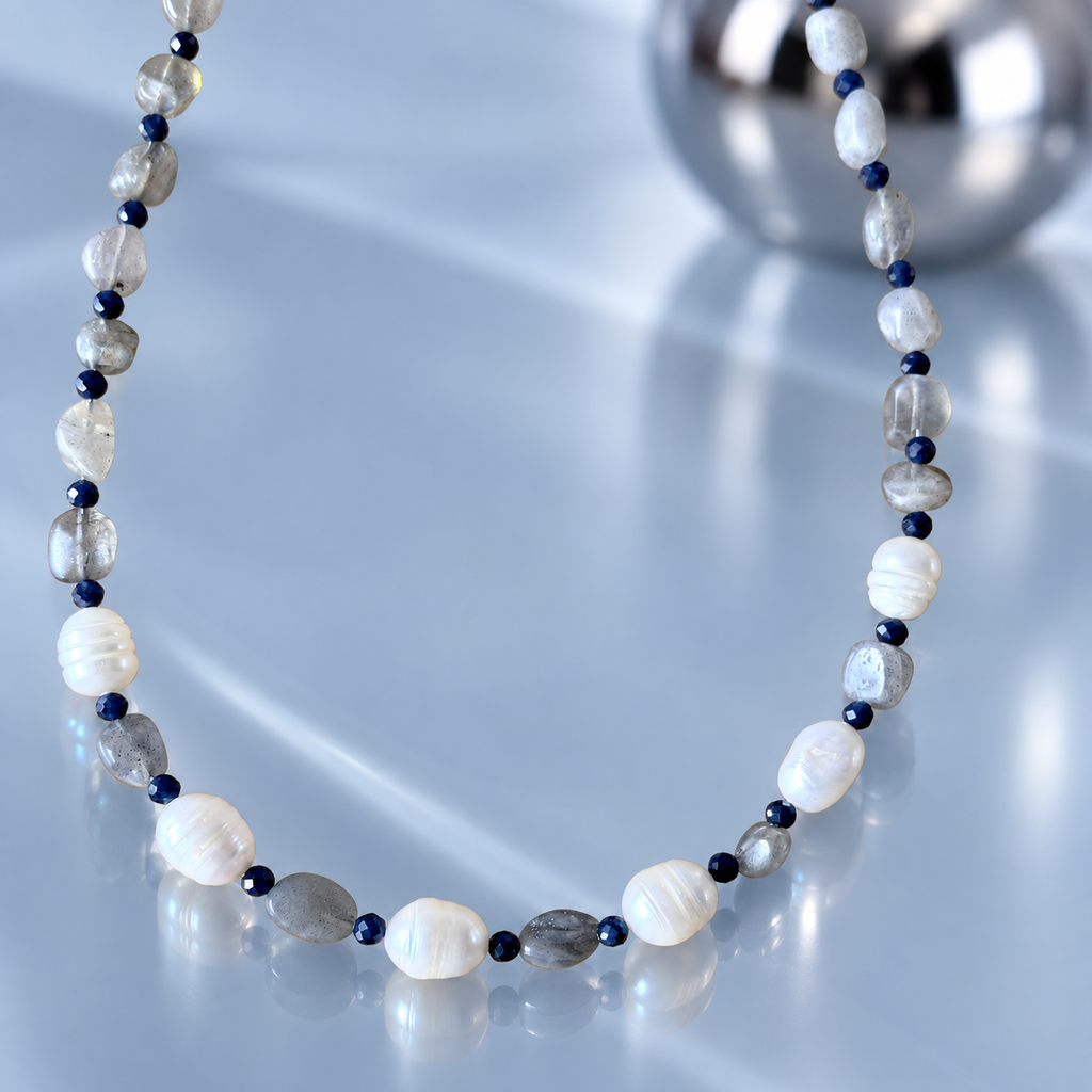 Pearl, Labradorite & Sapphire Necklace