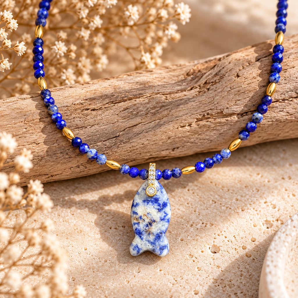 Lapis Lazuli Gemstone Necklace with Blue Fish Pendant
