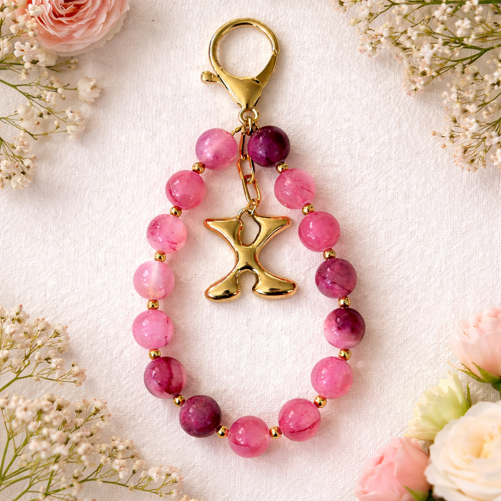 Pink Gemstone Beaded Initial Bag Charm