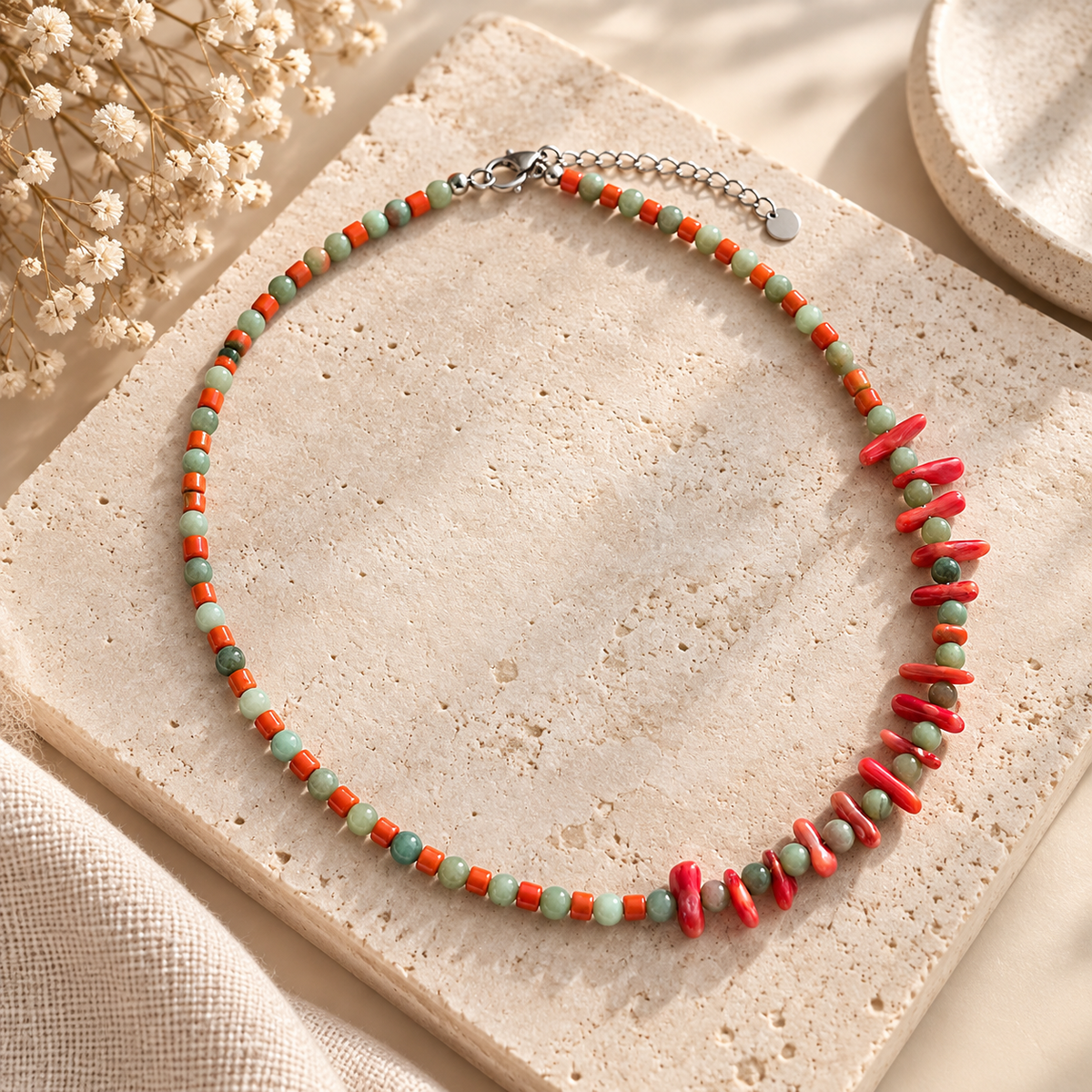 Handmade Green Gemstone & Red Coral Necklace