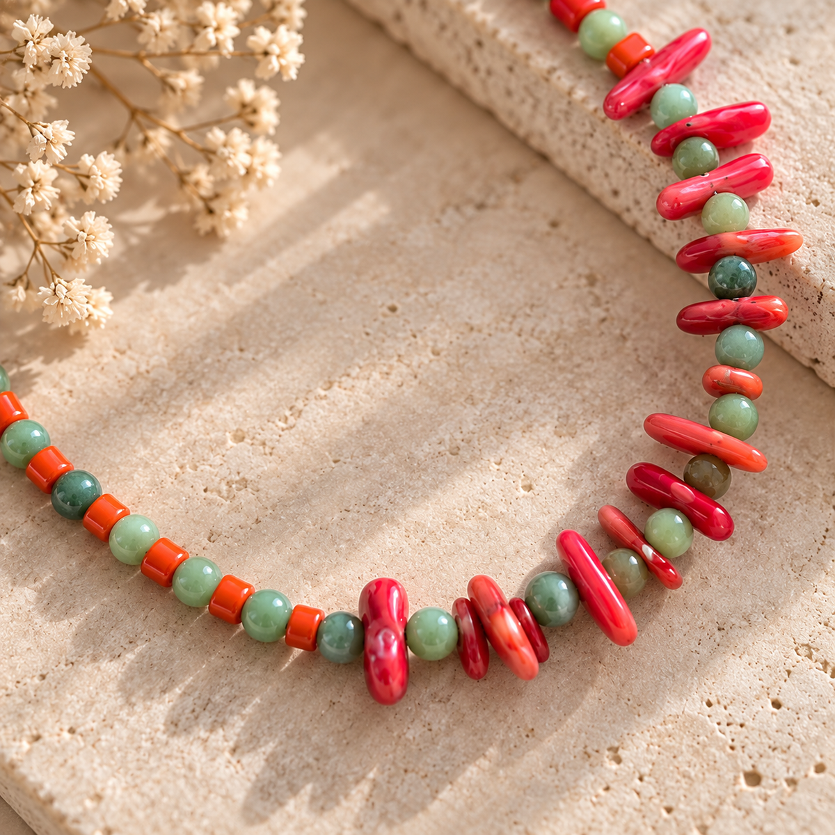 Handmade Green Gemstone & Red Coral Necklace