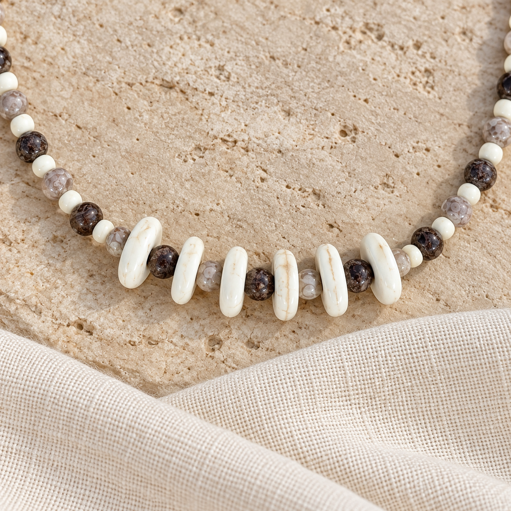 Brown & Cream Natural Stone Beads Necklace