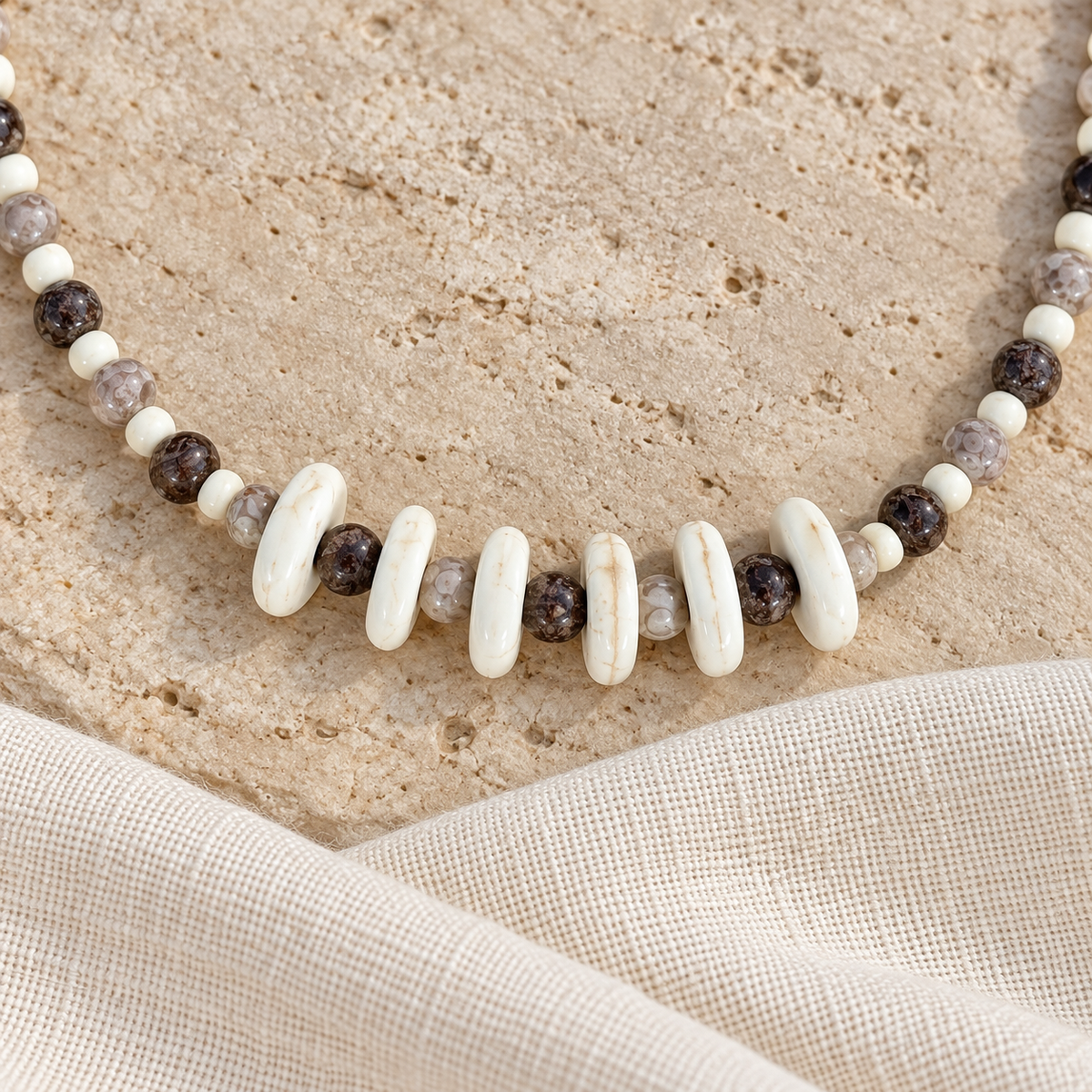 Brown & Cream Natural Stone Beads Necklace