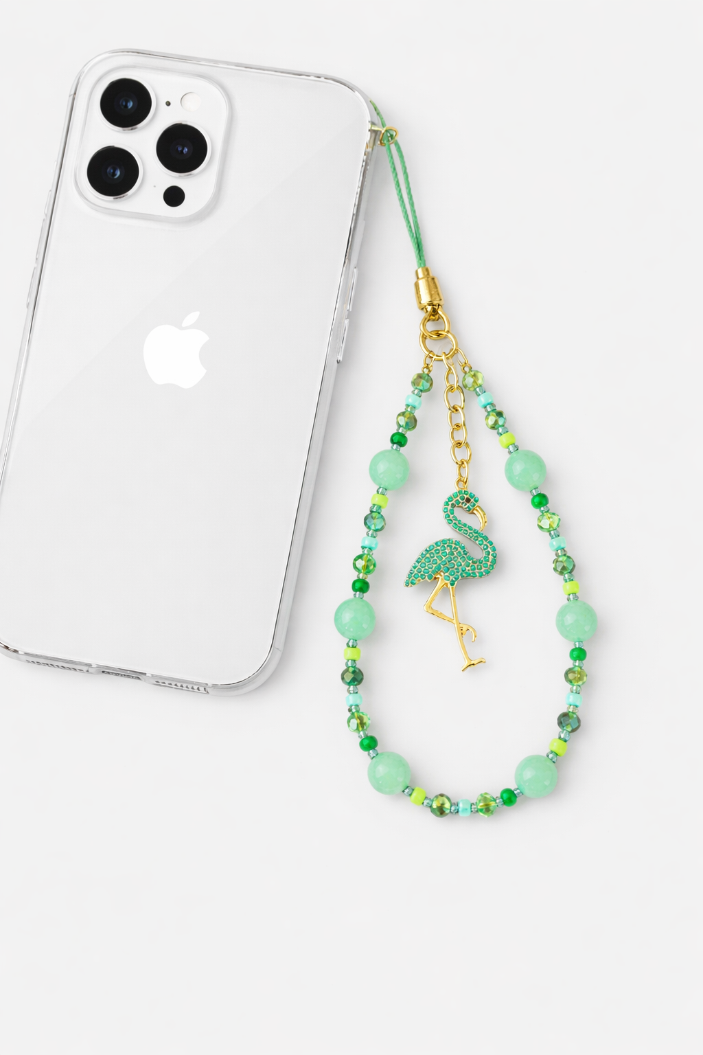 Green, Pink, Blue Flamingo Beaded Bag and Phone Charm