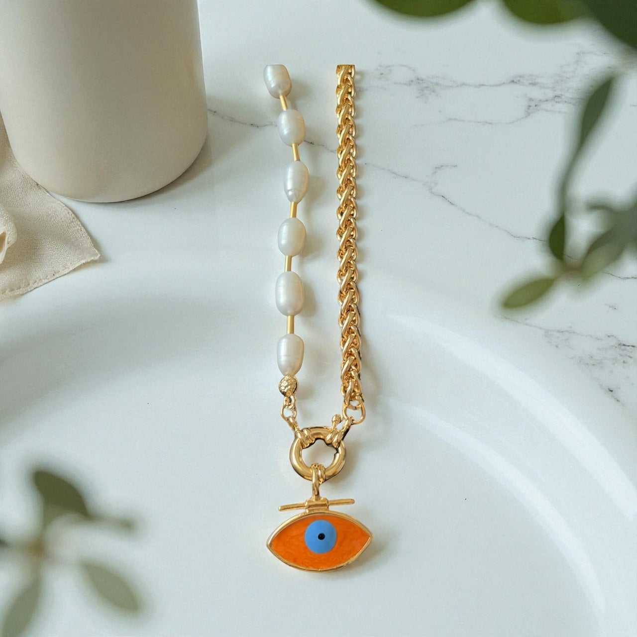 Evil Eye Pearl &amp; Chain Necklace