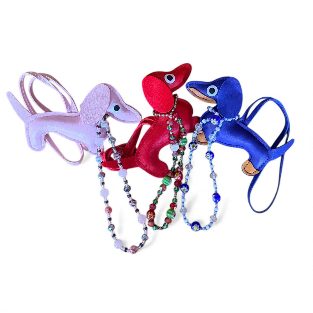 Handmade Faux Leather Dachshund Keychain with Beaded Strap