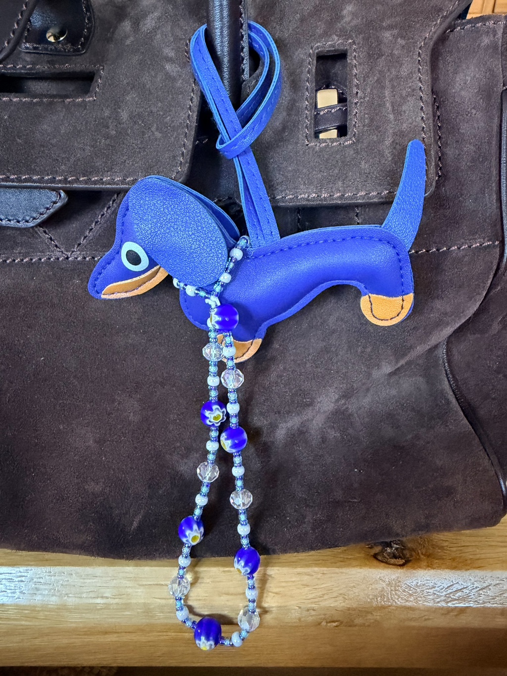 Handmade Faux Leather Dachshund Keychain with Beaded Strap