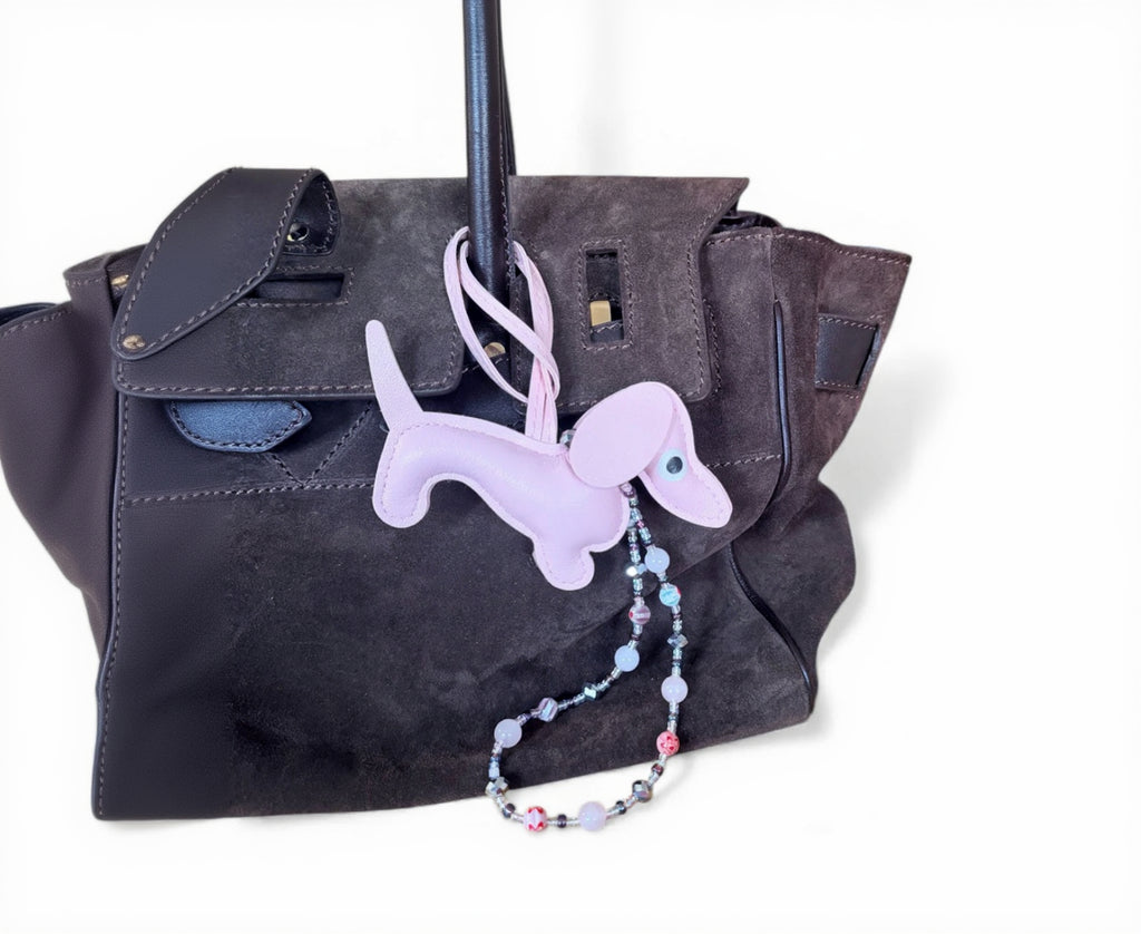 Handmade Faux Leather Dachshund Keychain with Beaded Strap