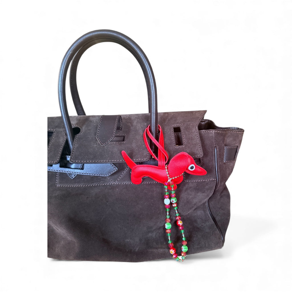 Handmade Faux Leather Dachshund Keychain with Beaded Strap