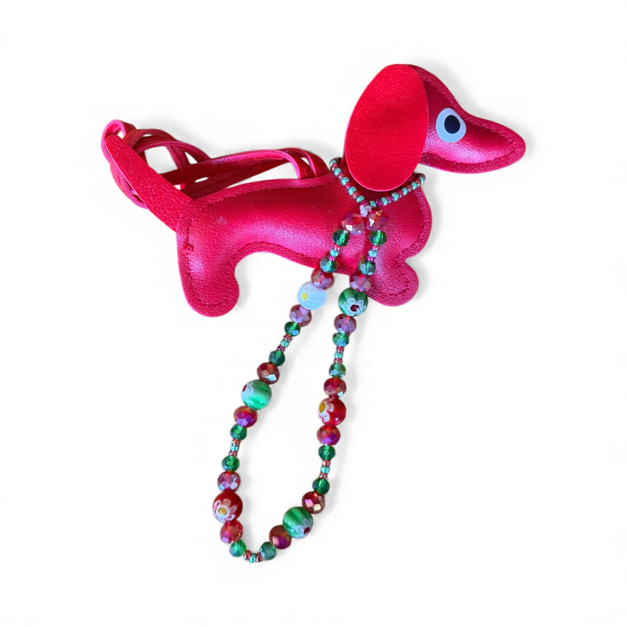 Handmade Faux Leather Dachshund Keychain with Beaded Strap