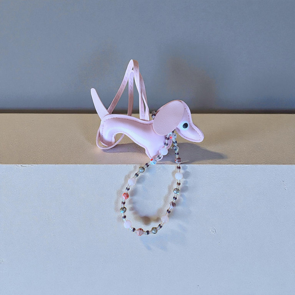 Handmade Faux Leather Dachshund Keychain with Beaded Strap
