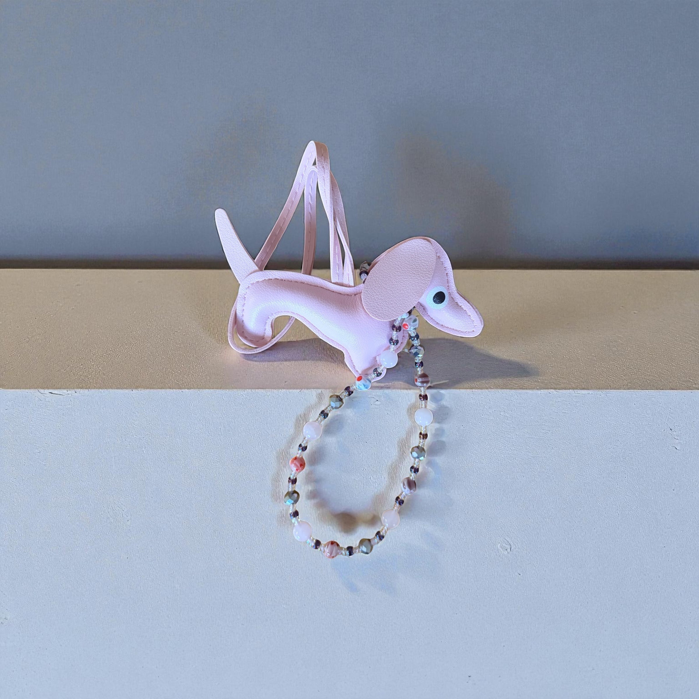 Handmade Faux Leather Dachshund Keychain with Beaded Strap