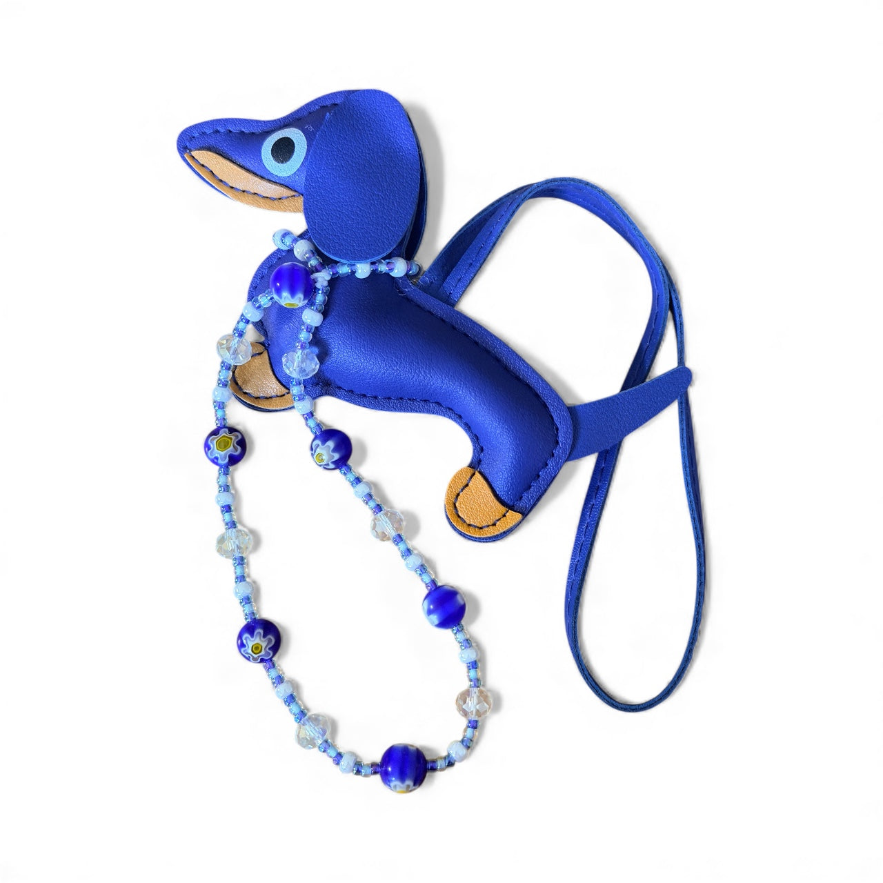 Handmade Faux Leather Dachshund Keychain with Beaded Strap