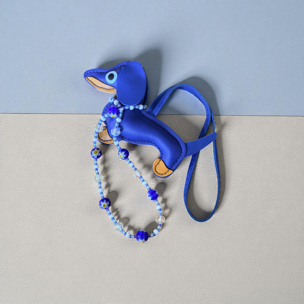 Handmade Faux Leather Dachshund Keychain with Beaded Strap