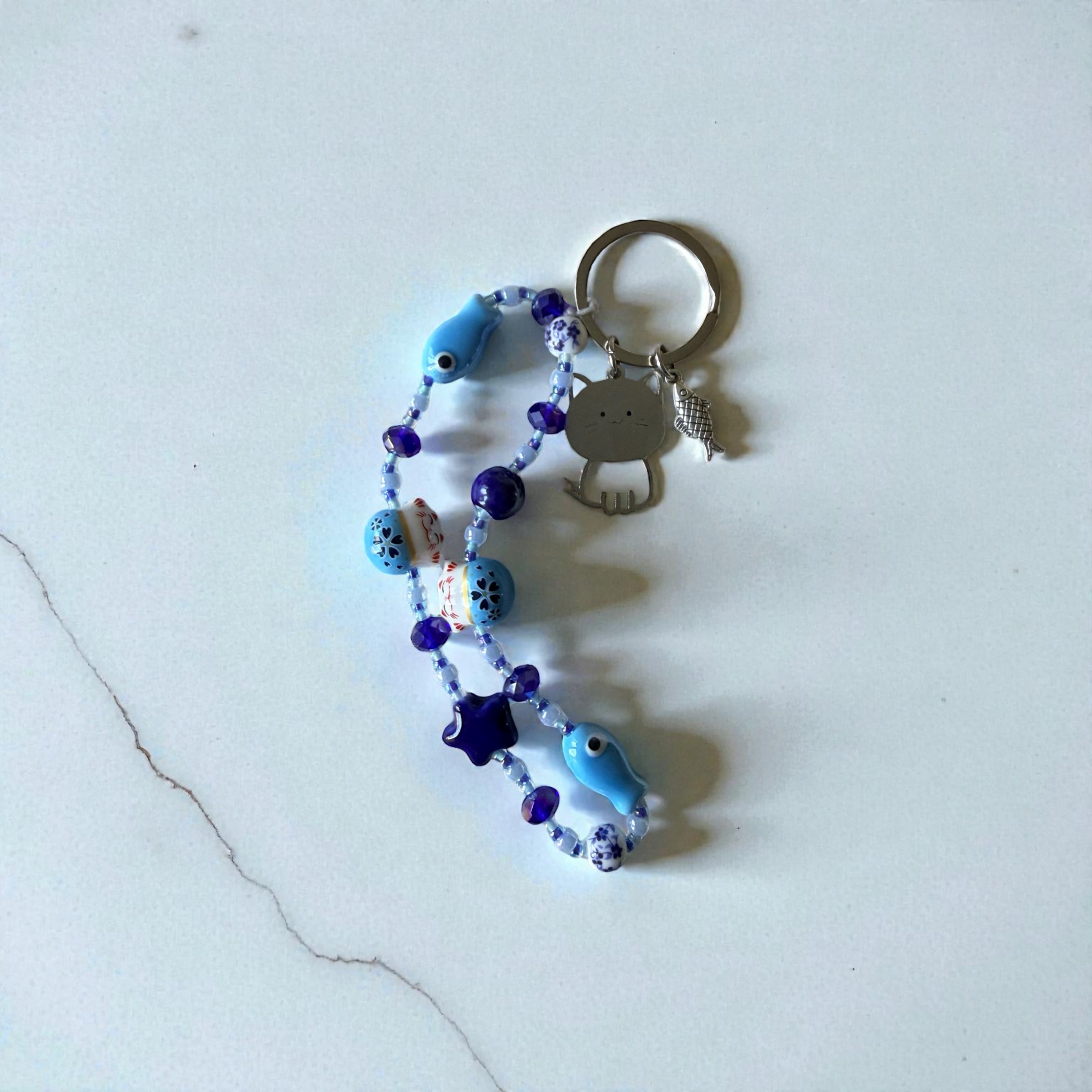 Handmade Blue Beaded Keychain