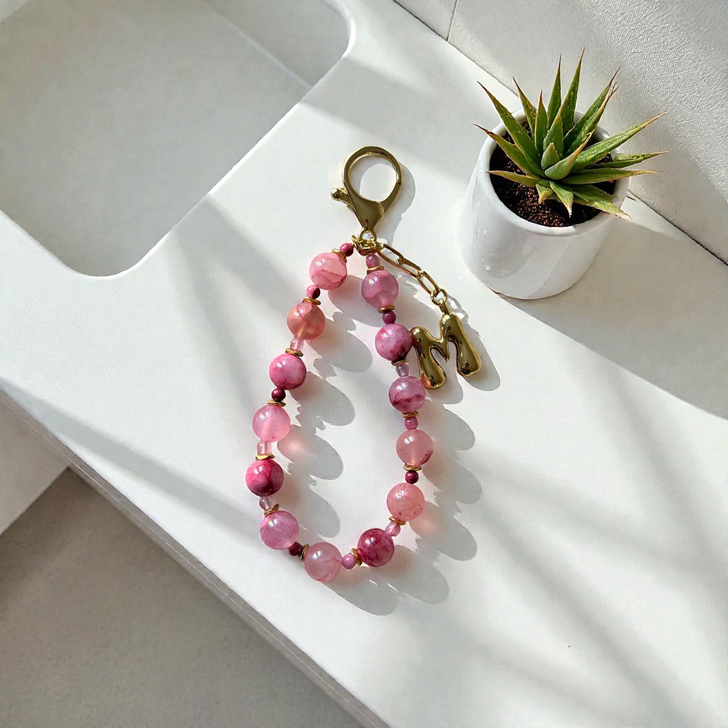 Pink Gemstone Beaded Initial Bag Charm