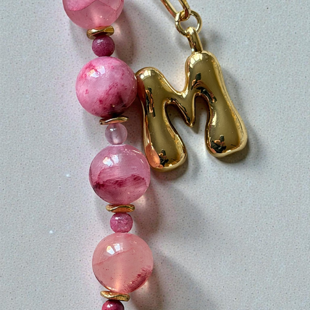 Pink Gemstone Beaded Initial Bag Charm
