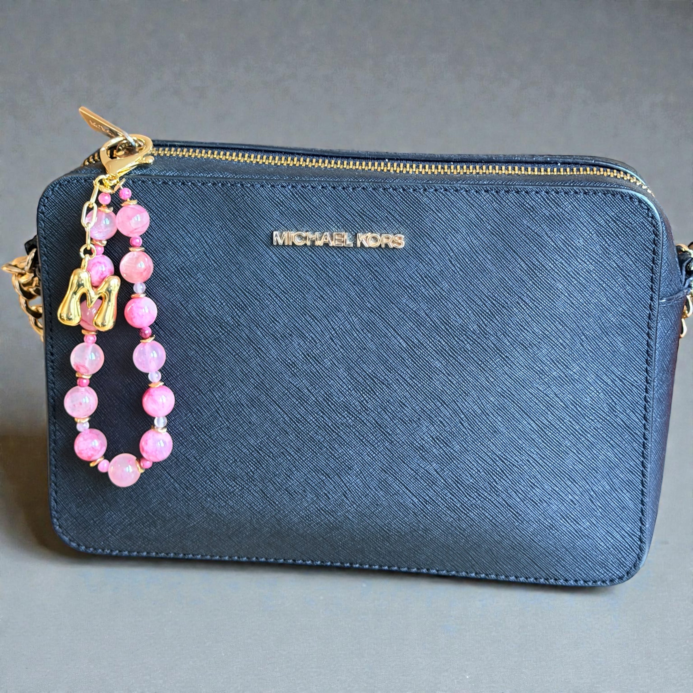 Pink Gemstone Beaded Initial Bag Charm