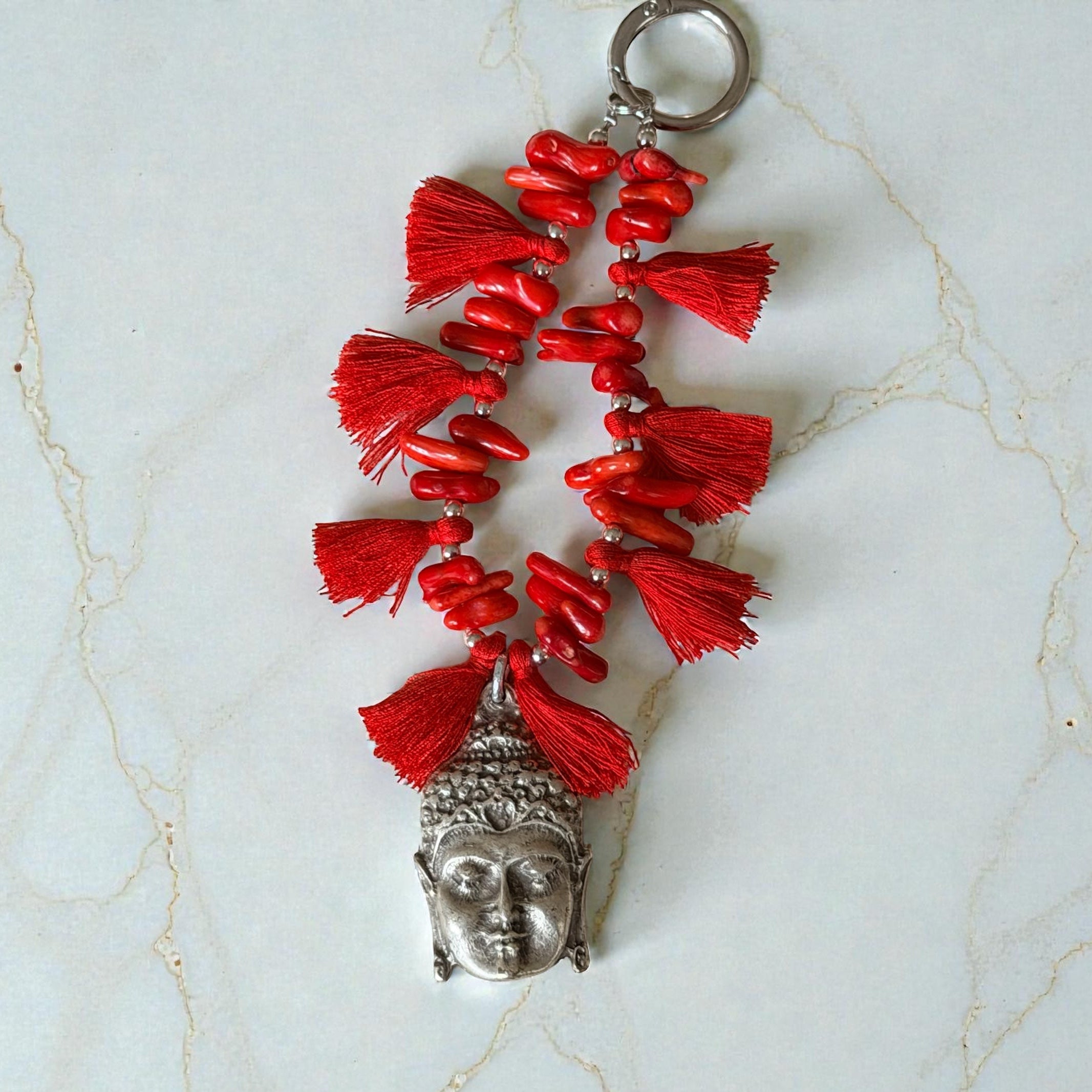 Red Beaded Buddha Bag Charm with Tassels