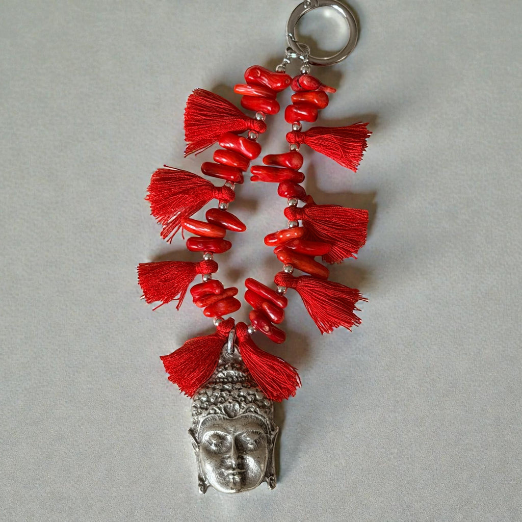 Red Beaded Buddha Bag Charm with Tassels