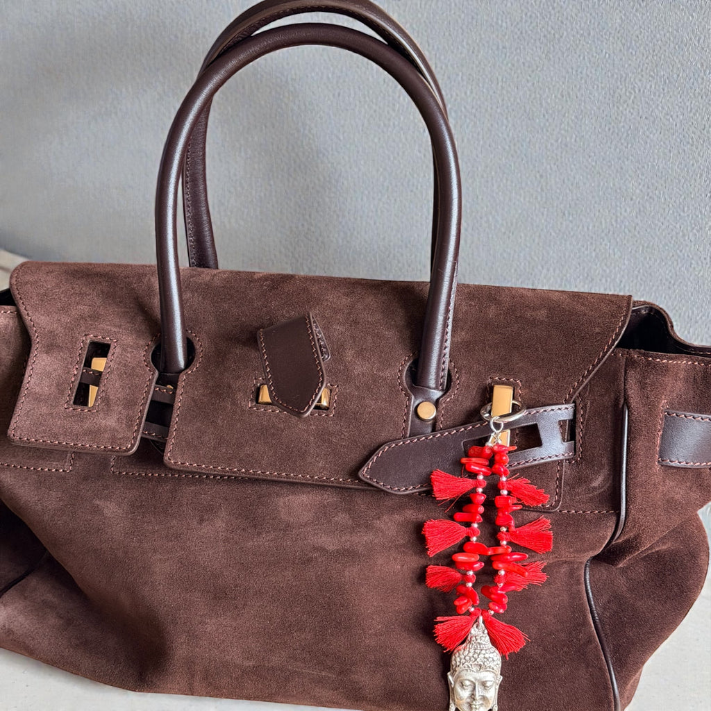 Red Beaded Buddha Bag Charm with Tassels