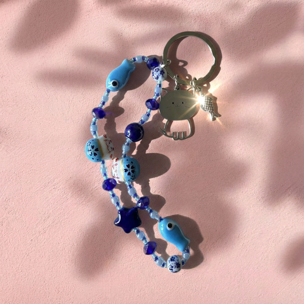 Handmade Blue Beaded Keychain
